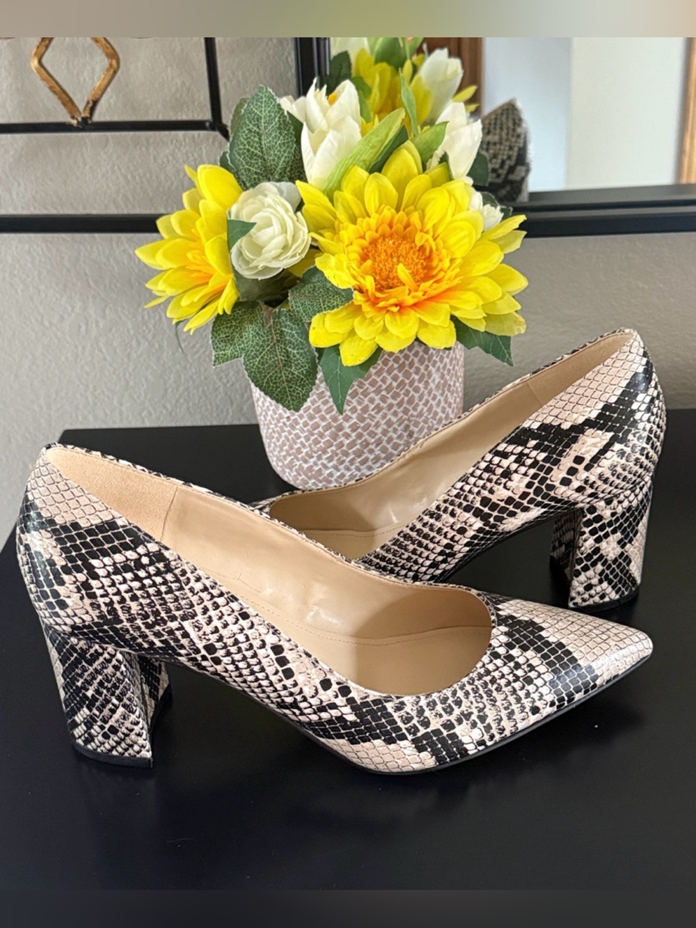 Marc Fisher Two-Tone Snake-Print Block Heel Pumps